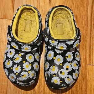 CROCS Black Mules with Daisy Print and Yellow Lining